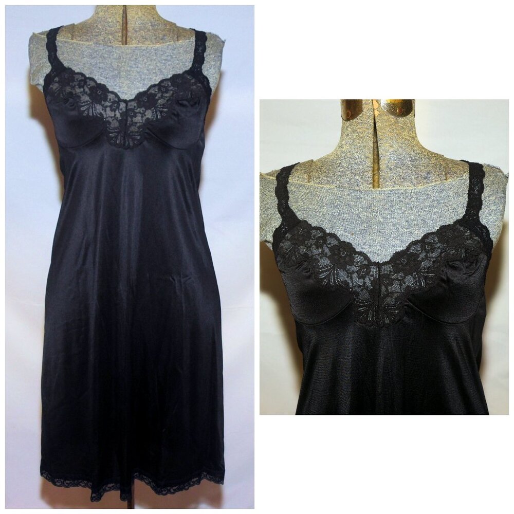 Vintage 60s Kayser Black Nylon & Lace Sexy Slip, Slip Dress Size 34/Small